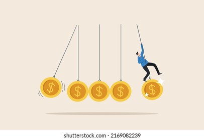 Finanzmanagement oder Risikomanagement von Investitionen in Währungen oder öffentliche Banknoten. Auswirkungen der Wirtschaft oder Inflation. Geschäftsmann schwingt Pendelblume mit Dollarzeichen.