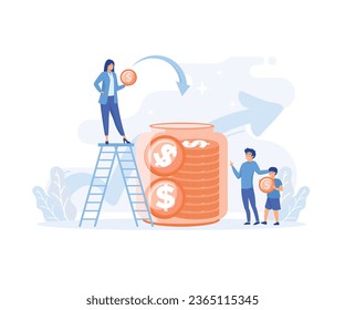 gestión financiera, concepto de ahorro de dinero. Padre y madre enseñan a los niños a ahorrar dinero. ilustración moderna de vector plano