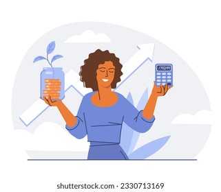 Financial management savings and investment. Flat vector illustration of people characters managing budget, retirement funds and stock trading.