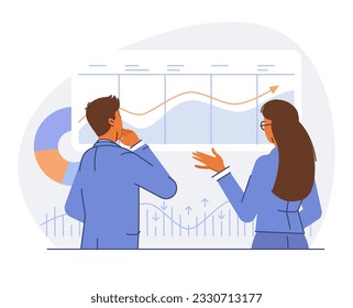 Financial management savings and investment. Flat vector illustration of people characters managing budget, retirement funds and stock trading.