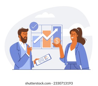 Financial management savings and investment. Flat vector illustration of people characters managing budget, retirement funds and stock trading.