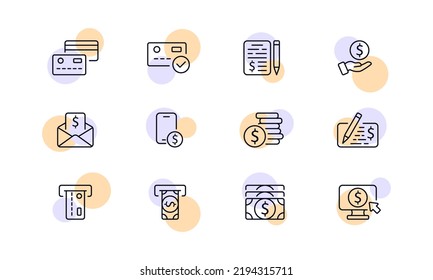 Financial management set icon. Bank card, write a check, dollar, financial report, accounting, phone, coin, cash register, cashless payment, currency, bills. Business concept. Vector line icon for.