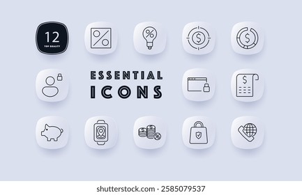 Financial management set icon. Interest rates, economic trends, investment strategy, digital banking, personal savings, secure transactions, business growth, money exchange, financial analytics