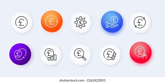 Financial management set icon. Money transfer, transaction, euro bill, letter, cash advance, atm, cashless payment, hand, envelope, accounting report, budget. Neomorphism style. Vector line icon
