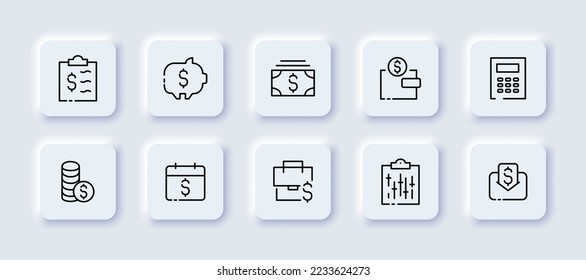 Financial management set icon. Write a check, accounting report, piggy bank, dollar bills, money, wallet, calculator, coins, cents, savings, calendar, salary, statistics. Business concept. Neomorphism