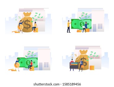 Financial management set. Investor giving money to broker. Flat vector illustrations. Income, investment, saving concept for banner, website design or landing web page