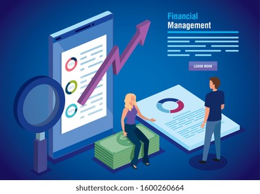financial management with smartphone and business couple vector illustration design