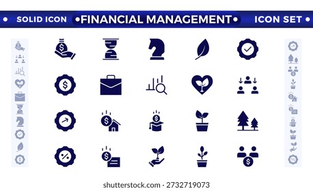 Conjunto de ícones sólidos do Financial Management. Contendo ícones de investidor, fundo mútuo, ativo, gerenciamento de risco, economia, ganho financeiro, interesse, Investimento, Lucro, Investidor, Risco, Inflação e ações. 
