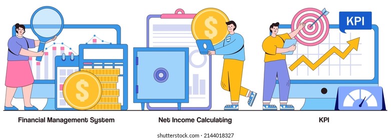 Financial management system, net income calculating, KPI concepts with people characters. Corporate profit abstract vector illustration pack.