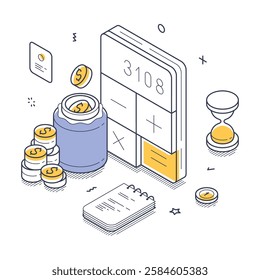 Financial management tools, including a calculator, savings jar, coins, notebook, and hourglass, emphasizing budgeting and saving techniques. Budget saving concept. Modern isometric line art