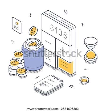 Financial management tools, including a calculator, savings jar, coins, notebook, and hourglass, emphasizing budgeting and saving techniques. Budget saving concept. Modern isometric line art