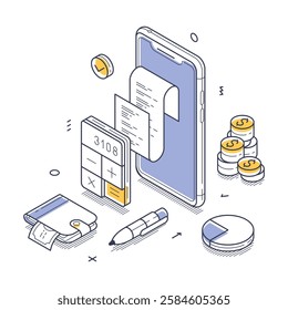 Financial management tools including a smartphone displaying a receipt, a calculator, and other budgeting items arranged neatly. Modern isometric line art vector illustration