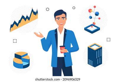 Financial management using modern technologies and big data. Analysis of business economic indicators , isometric vector design isolated