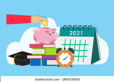 Financial management vector concept: Hands saving money in piggy bank on the stack of books with graduation cap and calendar of 2021 background