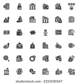 Financial management vector icons set, modern solid symbol collection, filled style pictogram pack. Signs, logo illustration. Set includes icons as money savings, mobile banking, credit card, loan