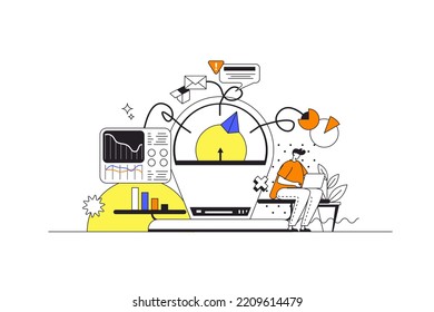 Concepto web de gestión financiera en diseño de esquema plano con caracteres. El hombre cuenta el dinero y analiza el presupuesto, estudiando estadísticas, haciendo investigación de marketing, escena de la gente. Ilustración vectorial.