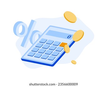 Financial Management with Zero Percent Commission. Economic Recession and Interest Rate Burden. Calculator, Coins and Percentages for Cash Savings and Tax Calculations illustration on white background