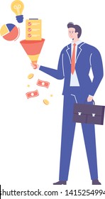 Financial Manager accountant. Turns a business idea into money. A young man in a business suit with a briefcase. Statistics and analysis. Flat style.