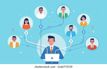 Financial Manager Pays Online Payroll Bills For Office Employees Via Laptop And Internet Banking. Flat Illustration Pastel Color