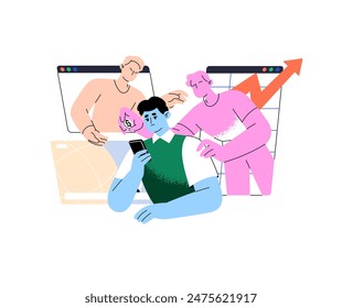 Financial manipulation, control concept. Lack of money influences on depressed people. Unhappy person with problems feels social pressure. Flat isolated vector illustration on white background