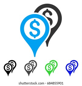 Financial Map Pointers flat vector icon. Colored financial map pointers gray, black, blue, green icon versions. Flat icon style for application design.