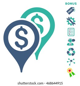 Financial Map Pointers icon with bonus pictograms. Vector illustration style is flat iconic bicolor symbols, cobalt and cyan colors, white background, rounded angles.