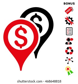 Financial Map Pointers icon with bonus pictograms. Vector illustration style is flat iconic bicolor symbols, intensive red and black colors, white background, rounded angles.