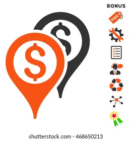 Financial Map Pointers icon with bonus pictograms. Vector illustration style is flat iconic bicolor symbols, orange and gray colors, white background, rounded angles.