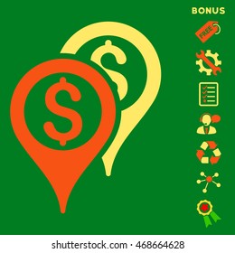 Financial Map Pointers icon with bonus pictograms. Vector illustration style is flat iconic bicolor symbols, orange and yellow colors, green background, rounded angles.