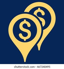 Financial Map Pointers icon. Vector style is flat iconic symbol with rounded angles, yellow color, blue background.