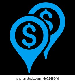 Financial Map Pointers icon. Vector style is flat iconic symbol with rounded angles, blue color, black background.