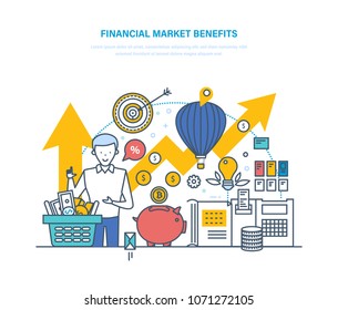 Financial market benefits. Concept of economic growth capital, stock market, options for transactions with cash, guarantee of financial security, e-commerce, investment. Illustration thin line design.