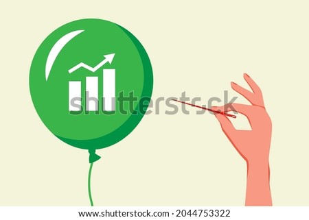 Financial market bubble concept. Hand holding needle and trying to burst the balloon, bubble with financial market sign. Vector illustration