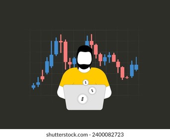 Concepto de mercado financiero. Estrategias de los comerciantes sobre la volatilidad. Analista en estación de trabajo con datos en tiempo real en oficina bancaria. Ilustración del vector del mercado de valores financieros o criptográficos aislada en un fondo oscuro