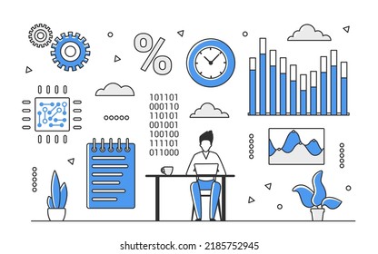 Evolución y análisis del mercado financiero. Estadísticas de las poblaciones económicas de las empresas gráfico vectorial monocolor ilustración