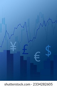 Financial market graphic background. Blue to dark gradient. Currency symbols for Yen, Pound, Euro, and Dollar. Perfect for web layouts, wallpaper, and covers.