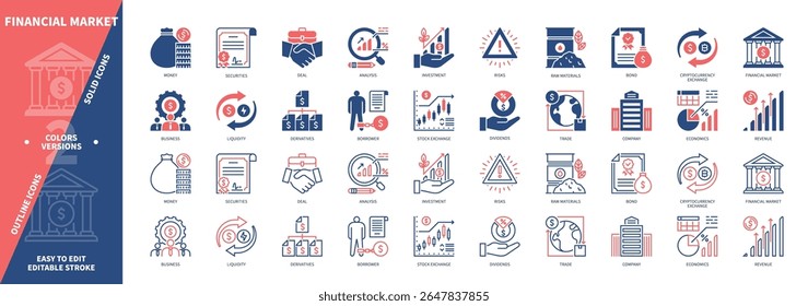 Financial market icon set. Securities, Risks, Stock Exchange, Securities, Borrower, Trade, Raw Materials, Investment. Duotone color solid and editable outline icons