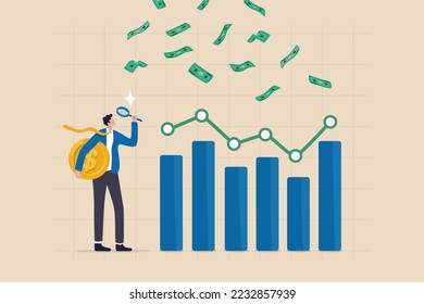 Financial market, investment earning or money management analysis, economic growth, stock exchange market report concept, businessman investor holding money coin analyze financial graph and chart.