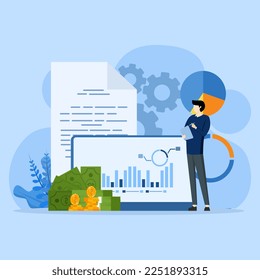 Financial market, investment income or money management analysis, economic growth, businessman investor holding tablet to analyze financial charts and graphs, stock market report concept.