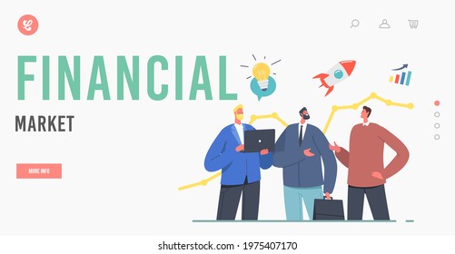 Financial Market Landing Page Template. Male Business Characters Communicate Trying to Predict Stock Economic for Making Benefit Growth. Prediction of Market Trends. Cartoon People Vector Illustration