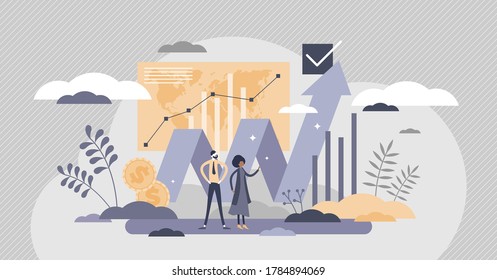 Financial market with money value growth chart flat tiny person concept. Investment business improvement with finance economy profit arrow vector illustration. Stock earnings increase visualization.