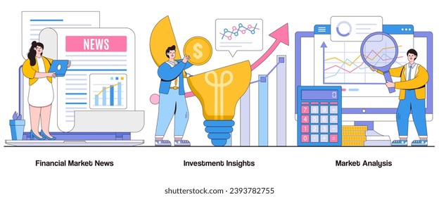 Financial market news, investment insights, market analysis concept with character. Investment research abstract vector illustration set. Market updates, informed decision making metaphor.