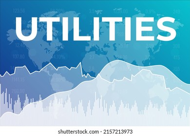 Financial Market Sector Utilities On Blue Finance Background From Graphs, Charts. Trend Up And Down. Financial Market Concept