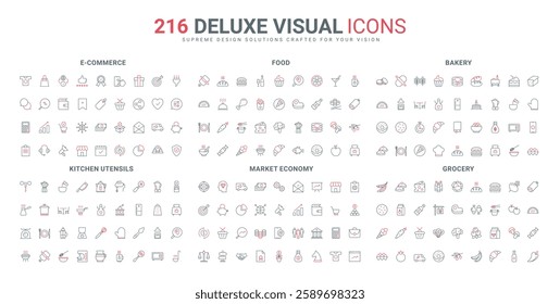 Financial market strategy and money, food and drink, chefs tools to cook line icon set. Order and basket in online store, bakery and grocery thin black and red outline symbols vector illustration