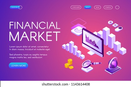 Financial market vector illustration of digital marketing and Bitcoin cryptocurrency trade statistics charts. Isometric infographic data of money profit and income growth on ultraviolet background