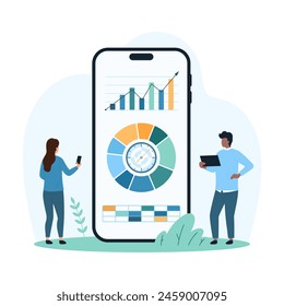 Financial and marketing analysis of results on dashboard, solutions analytics. Tiny people monitoring data chart, pie diagram and growth of graph arrow on phone screen cartoon vector illustration