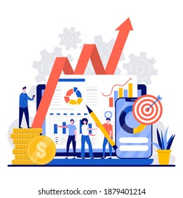 Financial and marketing concept with tiny character. Teamwork, people work together, analyze infographics flat vector illustration. Strategy, planning, market research, finance, investment metaphor.