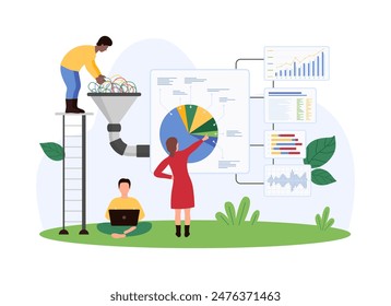 Financial and marketing data analysis and classification, digital analytics. Tiny people work with information and big funnel, analyst sorting statistics flow with filter cartoon vector illustration