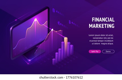 Página de aterrizaje isométrico del marketing financiero. Negocios digitales, comercio e inversión en línea, tecnología de automatización, optimización de SEO. Computadora de escritorio con gráficos de datos analíticos, banner web vectorial 3d