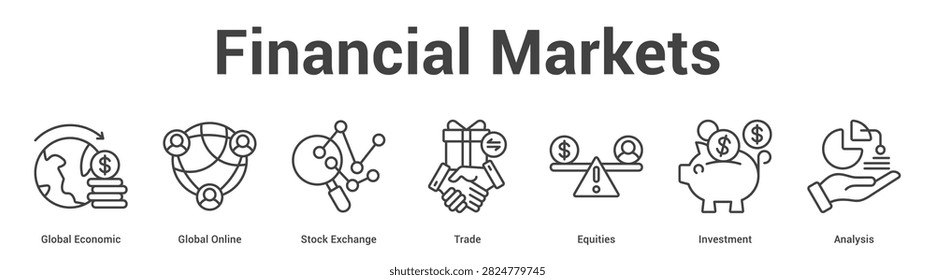 Financial Markets web banner icon set vector illustration concept for business with icon of Global Economic, Global Online, Stock Exchange, Trade, Equiti.